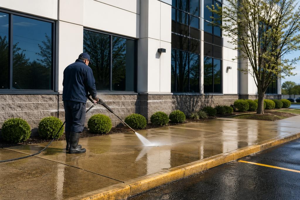 Washing the sidewalk and storefront frontage of a commercial building